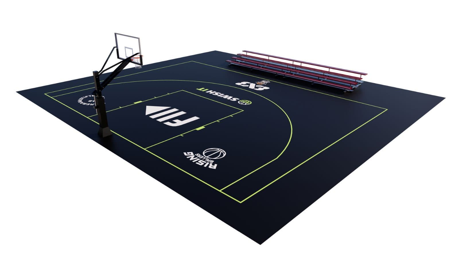3D-illustrasjon av en komplett 3x3-bane med kurv og tribune.