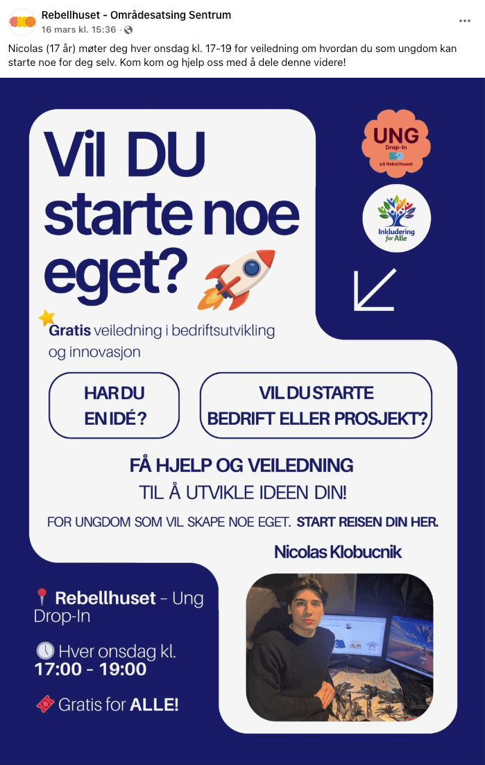 Nicolas, 17 år, møter deg hver onsdag kl. 17–19 for veiledning