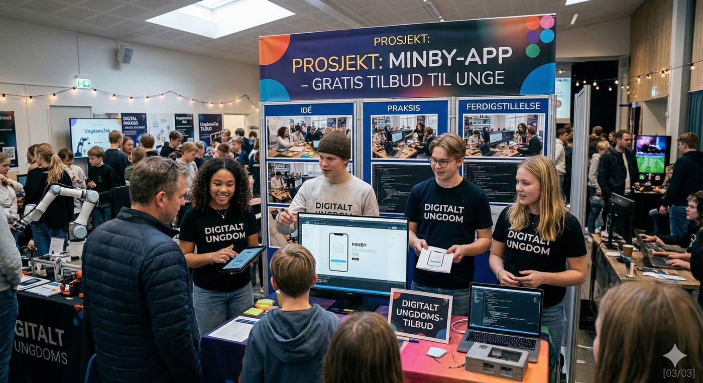 Ungdommer i viser ny app. AI generert bilde