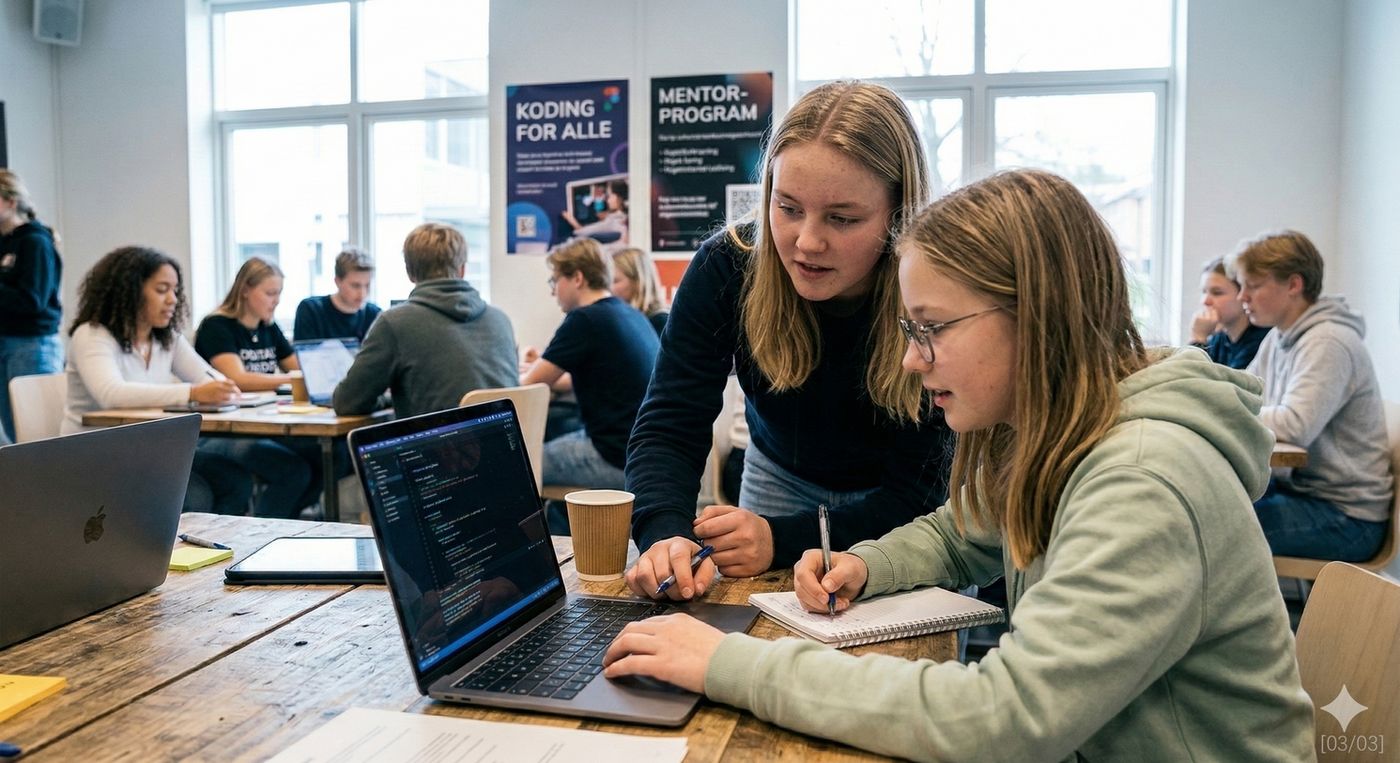 En læringssituasjon hvor en ung person lærer en annen ung person. AI generert bilde